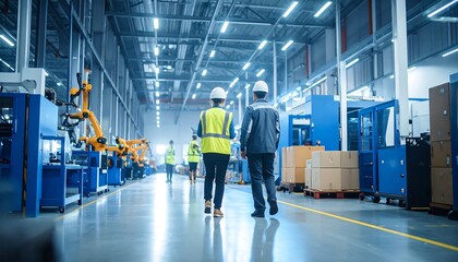 Factory workers walking down a brightly lit production line