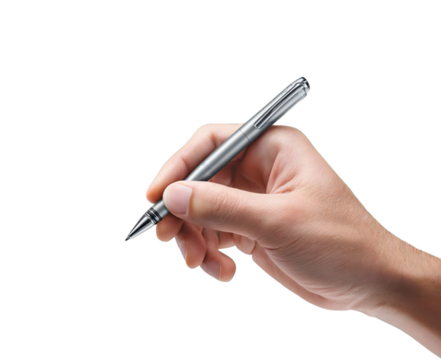 Elegant silver pen held by a hand ready to write, perfect for business meetings or creative writing concepts, add your message with this image