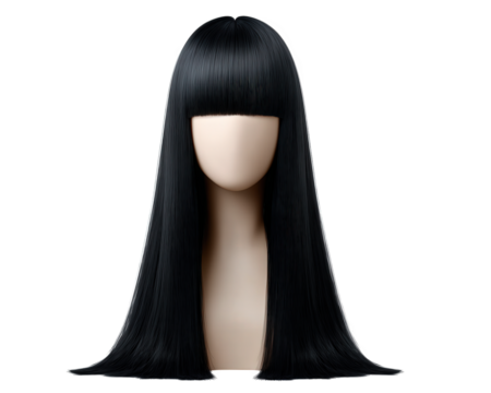 Long straight black hair with blunt bangs on mannequin head, showcasing sleek and modern hairstyle ideal for fashion or beauty concepts, isolated on transparency background