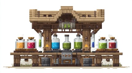Pixelated medieval alchemy lab, with wooden structure, various colored bottles and test tubes