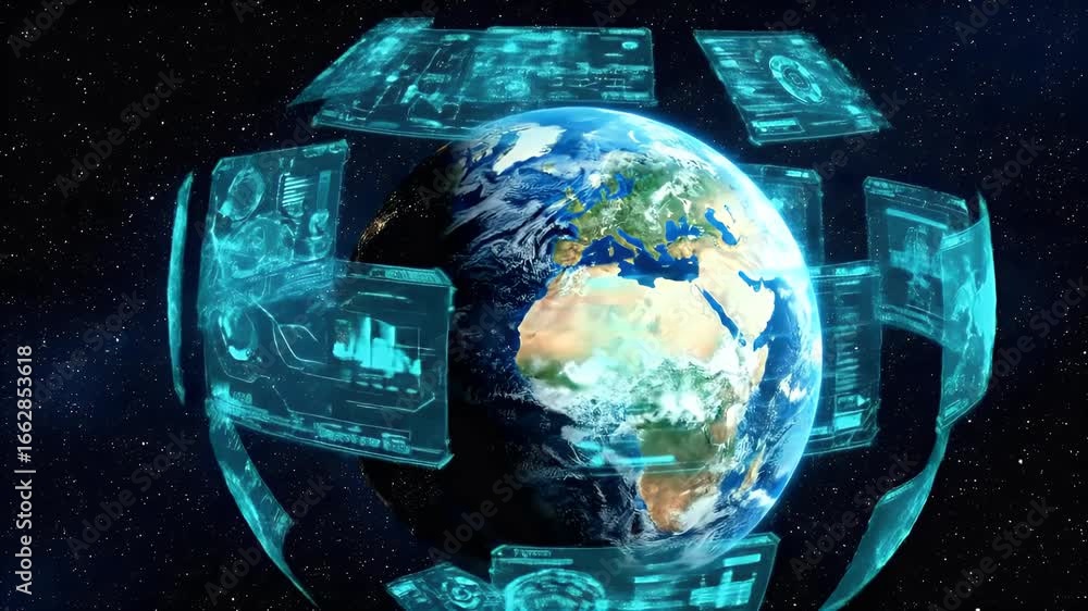 Poster futuristic earth with digital screens showing global data and technology in space