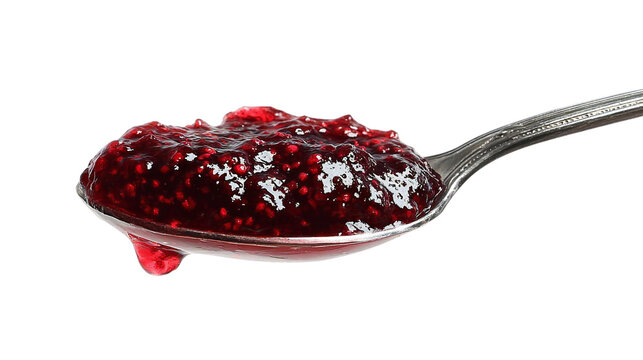 Luscious raspberry jam dripping from a vintage silver spoon, promising a burst of sweet flavor for breakfast, baking, and delicious treats