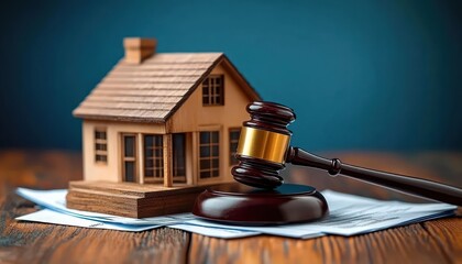 A wooden model house and a judge's gavel placed on top of legal documents on a wooden table, symbolizing real estate law and property judgment