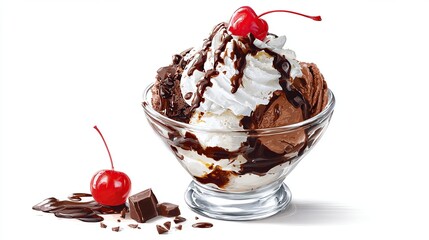 Sundae with ice cream, whipped cream, chocolate sauce, and a cherry on white