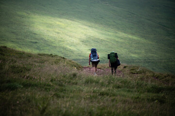 Fototapeta premium Two hikers walking on a green mountain trail in summer