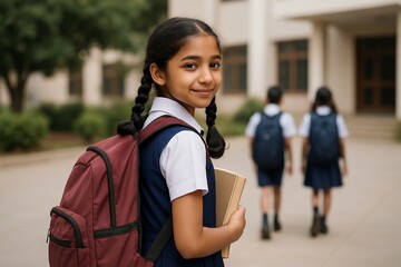 Indian schoolgirl holding book and smiling at school: back to school after pandemic