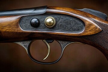 Close-up of an intricately engraved vintage shotgun trigger and wooden stock with brass and black buttons