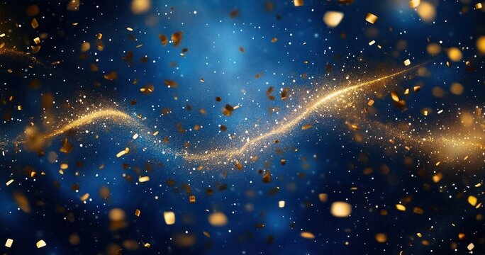 Dynamic swirl of golden particles and glittering specks spreading against a deep blue background, creating a sense of motion and celebration