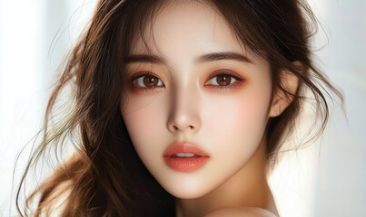 Obraz premium close-up portrait of a young woman with smooth skin, brown eyes, slightly parted lips, and loose flowing hair against a soft white background, conveying calm and gentle emotion