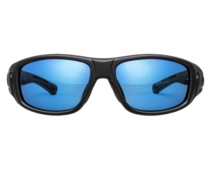 Black sport sunglasses with blue polarized lens, outdoor accessory for men or women, modern style, suitable for cycling, running, fishing, and other active lifestyles