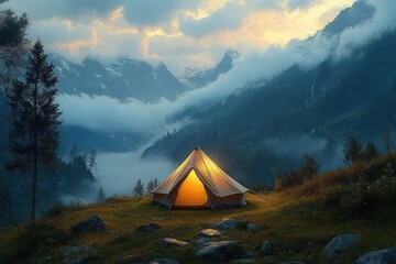 Glowing tent illuminated in a misty mountain valley at dawn with clouds drifting among tall pine trees and rugged rocky terrain