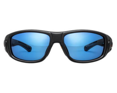 Black sport sunglasses with blue polarized lens, outdoor accessory for men or women, modern style, suitable for cycling, running, fishing, and other active lifestyles