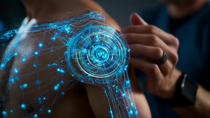 Advanced Medical Scan of Human Shoulder Joint with Futuristic Augmented Reality Hologram. - Powered by Adobe