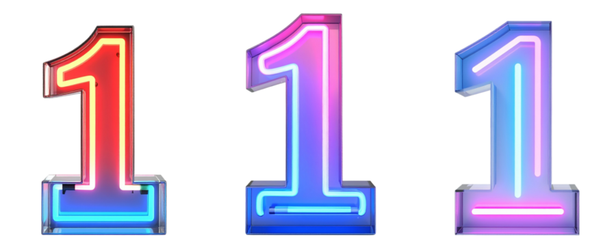 Set of neon number one. Glowing colorful line inside the glass symbol 1 shape.