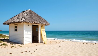 Fototapeta premium Serene Tropical Beach with Thatched Hut and Surfboard
