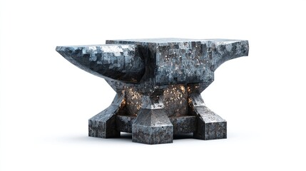 A weathered steel anvil, seemingly illuminated from within, rests on a white background. Its worn surface shows texture and age, with a prominent horn and a 