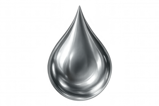 Metallic mercury droplet splashing dynamically, revealing liquid metal's reflective surface and fluid motion against transparent backdrop