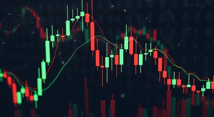 Financial stock market data analysis graph with candlestick chart for investment trading, business finance and economic trends in a digital technology background with a dark theme