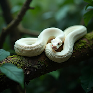 A close-up of a rare albino python coiled on a mossy branch
