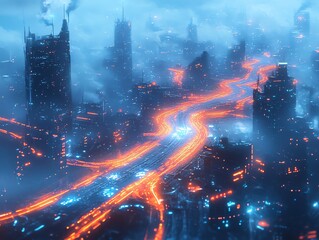 Futuristic Cityscape at Night with Glowing Highways