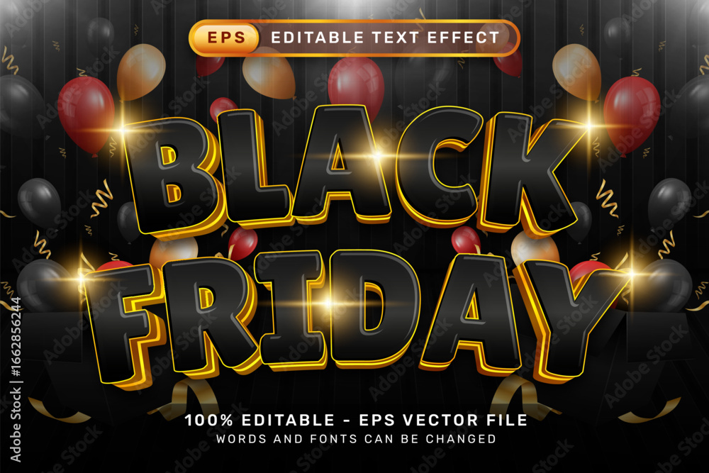 Poster black friday 3d text effect and editable text effect with balloon and gift box illustrations