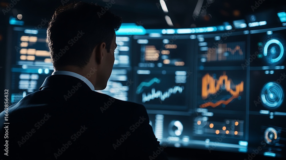 Aufkleber man in suit viewing data on large monitor screen in dark room