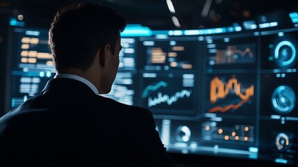 Man in suit viewing data on large monitor screen in dark room