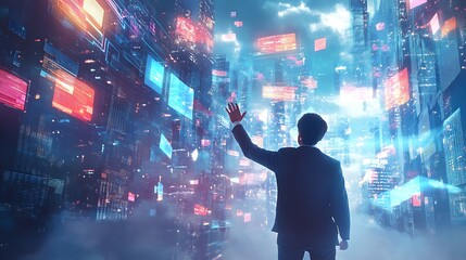 Man in suit reaches into a digital city with floating data screens