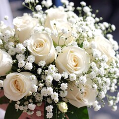 Obraz premium Elegant bridal bouquet of white roses and baby's breath