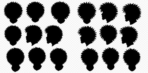 Collection of black silhouettes depicting diverse afro hairstyles from various angles on a transparent background.