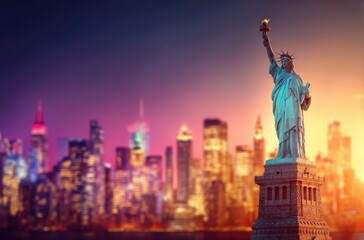 Obraz premium Statue of Liberty over New York City skyline at sunset