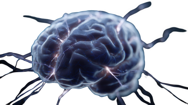 A glowing blue brain with electrical impulses and dark nerve connections, isolated on a transparent background, symbolizing intelligence and consciousness