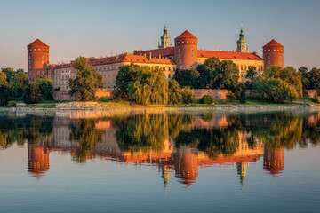 Fototapeta premium Sunrise castle reflection on calm water