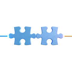Fototapeta premium Two blue puzzle pieces connect with glowing light strands, symbolizing connection and solutions.