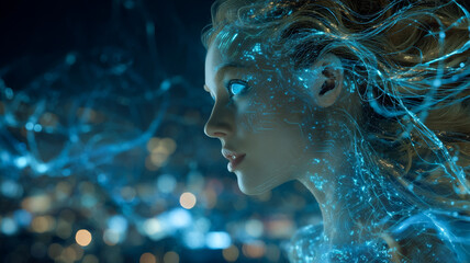 Digital woman with glowing particles and abstract background