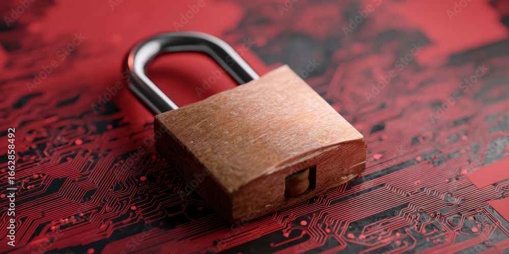 Poster close-up of a brass padlock resting on a red circuit board background, symbolizing security and tech