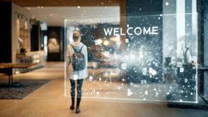 Young Woman Enters a Smart Building and is Greeted by a Futuristic Augmented Reality Welcome Hologram. - Powered by Adobe