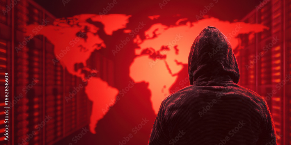 Aufkleber figure in a hoodie stands before a glowing red world map, with server racks in the background, evoki