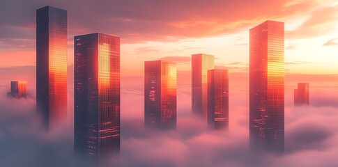 Skyscraper Cityscape Emerging from Clouds at Sunset