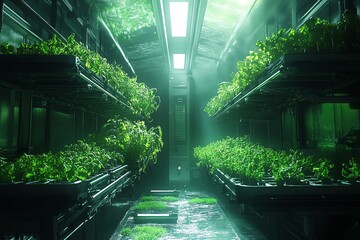 Indoor Vertical Farm Growing Vegetables with LED Lighting