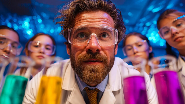 Teacher and children conduct fun chemistry experiment at school, science education