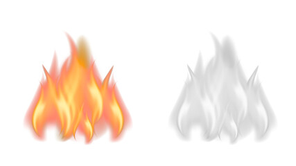 Abstract digital fire flames in both classic orange and a unique white color palette, a versatile transparent background design element for graphics and animation.

