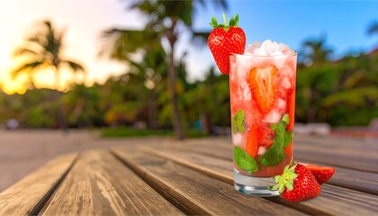 Tropical strawberry cocktail on beach