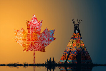Illustration of a decorated maple leaf and indigenous tipi symbolizing cultural unity and Truth and Reconciliation Day in Canada