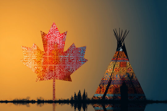 Illustration of a decorated maple leaf and indigenous tipi symbolizing cultural unity and Truth and Reconciliation Day in Canada
