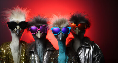Creative animal concept. Group gang of emu bird in neon bright sparkly rock punk colour outfit, copy text space. commercial, editorial advertisement party invitation invite	
