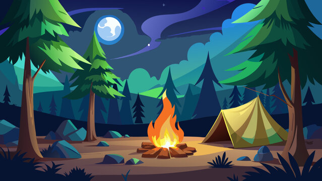 Vector art of a peaceful night camping illustration with a tent and campfire under the moonlight, surrounded by trees and mountains in the forest