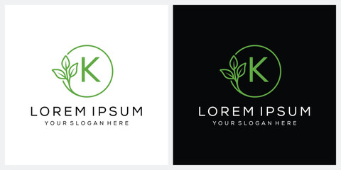 Initial letter K logo design, cosmetics fashion and beauty graphic vector, green leaf icon concept