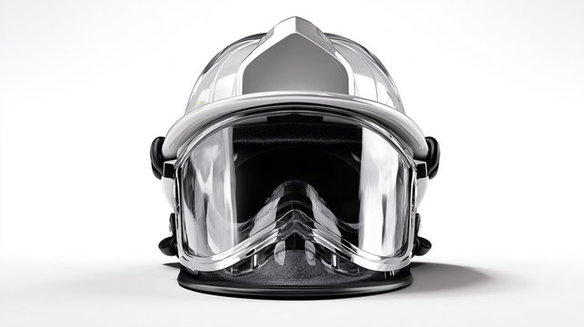 Firefighter's helmet facing forward, with face shield, against a white background