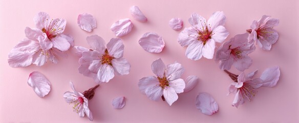 The delicate arrangement of pink cherry blossoms on a soft pastel background